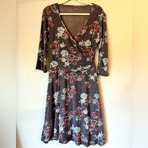 Garnet Hill Brown Floral Wrap Dress with Red and Cream Accents